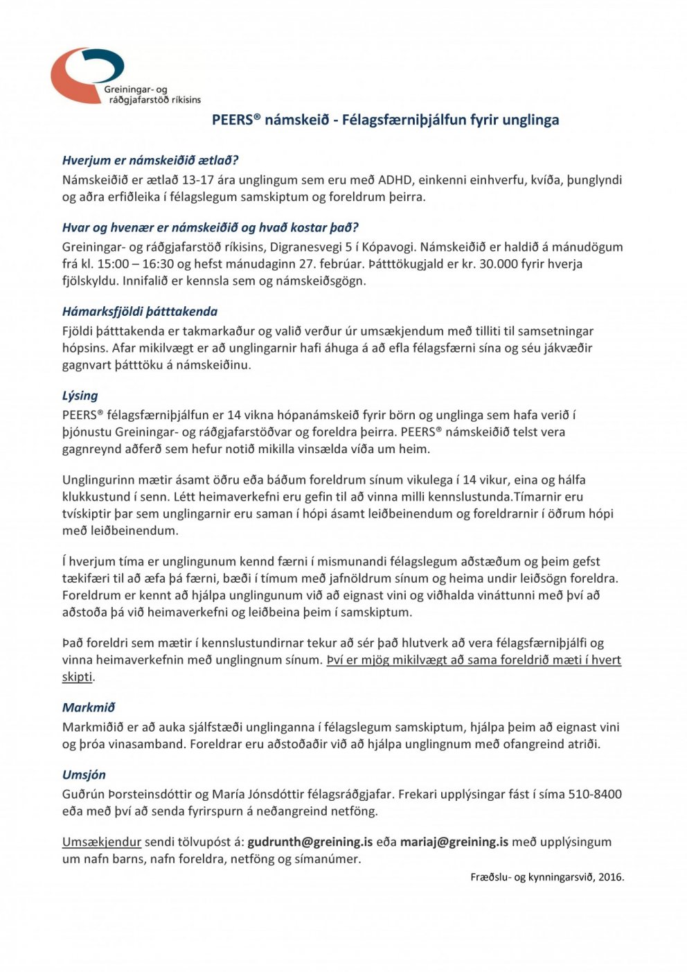 Námskeið í félagsfærni fyrir unglinga